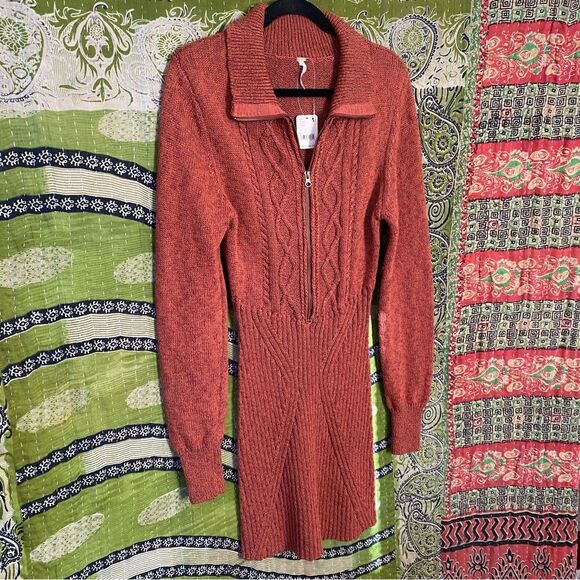 NWT Free People Red Jasper Mont Blanc Long Sleeve Mini Sweater Dress Size Large - Picture 9 of 16